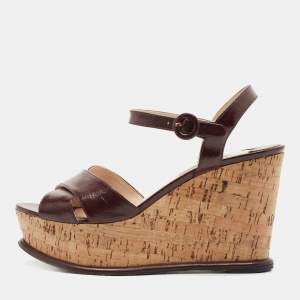 Prada Burgundy Vernice Saffiano Leather Cork Wedge Ankle Strap Sandals Size 40