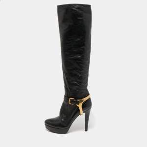Prada Black Leather Platform Knee Length Boots Size 38.5