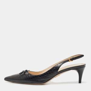 Prada Black Croc Embossed Leather Bow Slingback Pumps Size 37.5