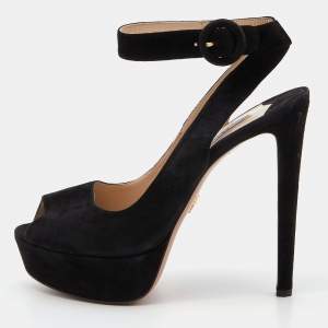 Prada Black Suede Peep Toe Platform Ankle Strap Sandals Size 40
