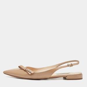 Prada Beige Vernice Saffiano Leather Bow Slingback Flats Size 40