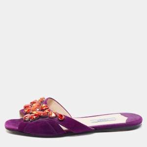 Prada Purple Crystal Embellished Flat Slides Size 37.5