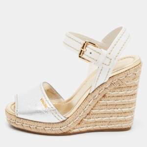 Prada Silver/White Leather Ankle Strap Platform Wedge Sandals Size 36