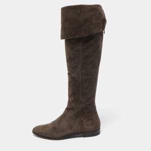 Prada Dark Brown Suede Fold Over Knee Length Boots Size 37