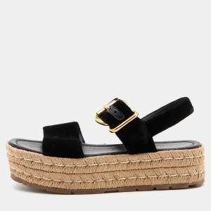 Prada Black Velvet Espadrille Wedge Ankle Strap Sandals Size 36