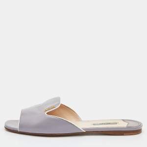 Prada Grey Saffiano Patent Leather Flat Slides Size 39.5