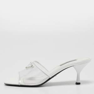Prada Transparent/White PVC and Patent Leather Trim Triangle Logo Slide Sandals Size 38