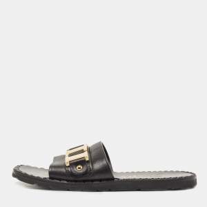 Prada Black Leather Logo Slide Flats Size 38     