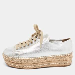 Prada Silver Leather Wedge Espadrille Sneakers Size 38.5