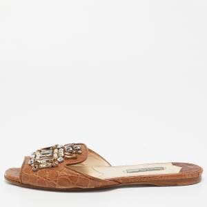 Prada Brown Croc Embossed Leather Crystal Embellished Slide Flats Size 36.5