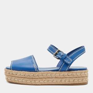 Prada Blue Leather Espadrille Platform Sandals Size 38