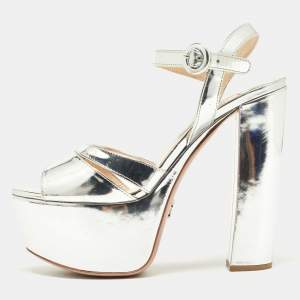 Prada Metallic Silver Leather Platform Ankle Strap Sandals Size 37