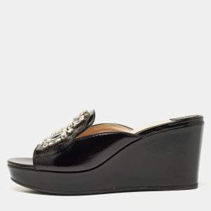 Prada Black Saffiano Patent Leather Crystal Embellished Platform Wedge Sandals Size 37