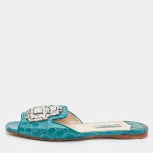 Prada Teal Crocodile Crystal Embellished Flat Slides Size 37 