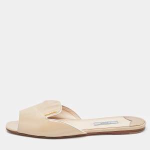 Prada Beige Saffiano Patent Leather Flat Slides Size 39