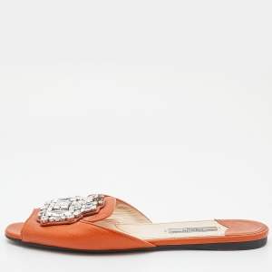 Prada Orange Patent Leather Crystal Embellished Flat Slides Size 38