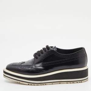Prada Black Brogue Leather Wingtip Platform Derby Sneakers Size 37