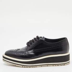 Pre Owned Prada Black Brogue Leather Wingtip Platform Derby Sneakers Size 37