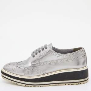 Prada Silver Brogue Leather Derby Espadrille Sneakers Size 37
