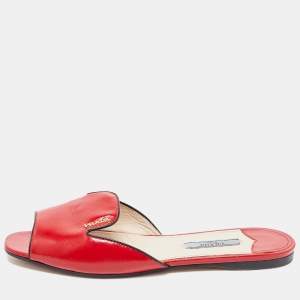 Prada Red Vernice Saffiano Leather Flat Slides Size 36.5