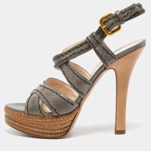 Prada Grey Leather  Platform Ankle Strap Sandals Size 38.5