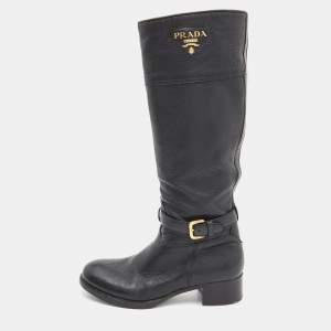 Prada Black Leather Zip Knee Length Boots Size 37