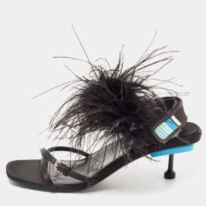 Prada Black Feather and Satin Slingback Sandals Size 38