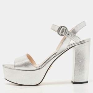 Prada Silver Leather Ankle Strap Sandals Size 39