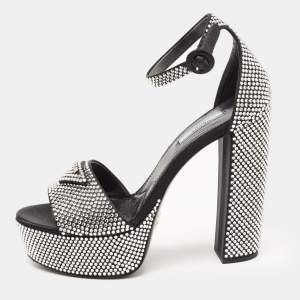 Prada Black/Silver Satin and Crystals Platform Sandals Size 39.5