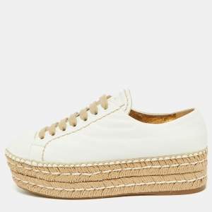 Prada Off White Leather Espadrille Wedge Sneakers Size 36.5