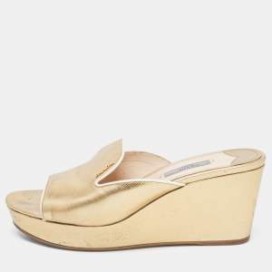 Prada Gold Patent Leather Wedge Platform Slide Sandals Size 39.5
