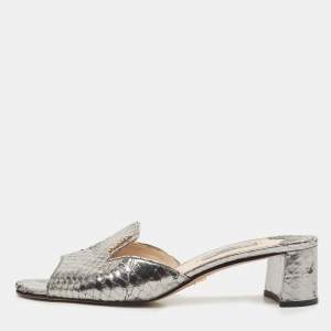 Prada Metallic Grey Python Embossed Leather Slide Sandals Size 37