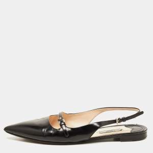 Prada Black Leather Buckle Slingback Flat Sandals Size 39.5