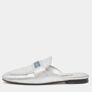 Prada Silver Leather Flat Mules Size 37.5