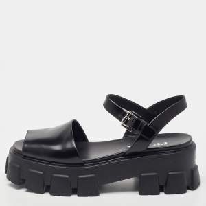 Prada Black Brushed Leather Monolith Platform Sandals Size 41