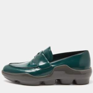 Prada Green/Grey Leather and Rubber Penny Platform Loafers 39.5