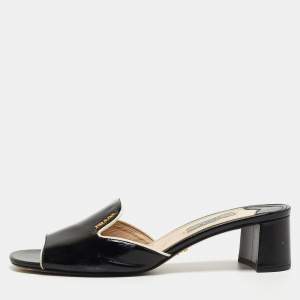 Prada Black Saffiano Vernice Leather Slide Sandals Size 39