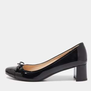 Prada Black Patent Leather Bow Block Heel Pumps Size 37.5