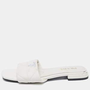 Prada White Quilted Leather Logo Slides Size 40