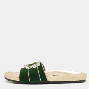 Prada Green/Gold Velvet And Leather Buckle Detail Slides Sizes 39.5