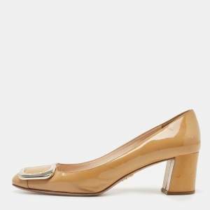 Pre Owned Prada Beige Patent Leather Block Heel Square Toe Pumps Size 38