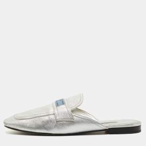 Prada Silver Leather Flat Mules Size 41