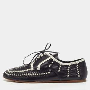 Prada Black/White Woven Leather Boat Shoes Size 39.5