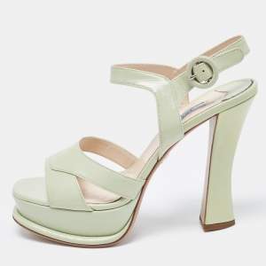 Prada Mint Green Saffiano Leather Platform Ankle Strap Sandals Size 39