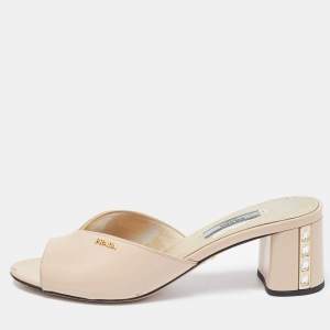 Prada Beige Patent Leather Slide Sandals Size 38