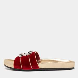 Prada Red Velvet Crystal Embellished Buckle Slides Size 39.5