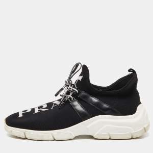 Pre Owned Prada Black Knit Fabric and Leather Logo Low Top Sneakers Size 38