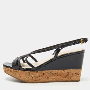 Prada Black Patent Leather Wedge Platform Slingback Sandals Size 35
