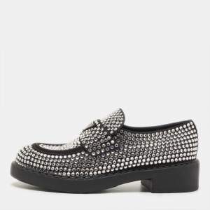 Prada Black Satin Crystals Slip On Loafers Size 38
