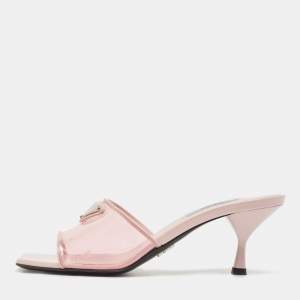مملوكة مسبقًا Prada Transparent/Pink PVC Trim Triangle Logo Slide Sandals Size 36.5